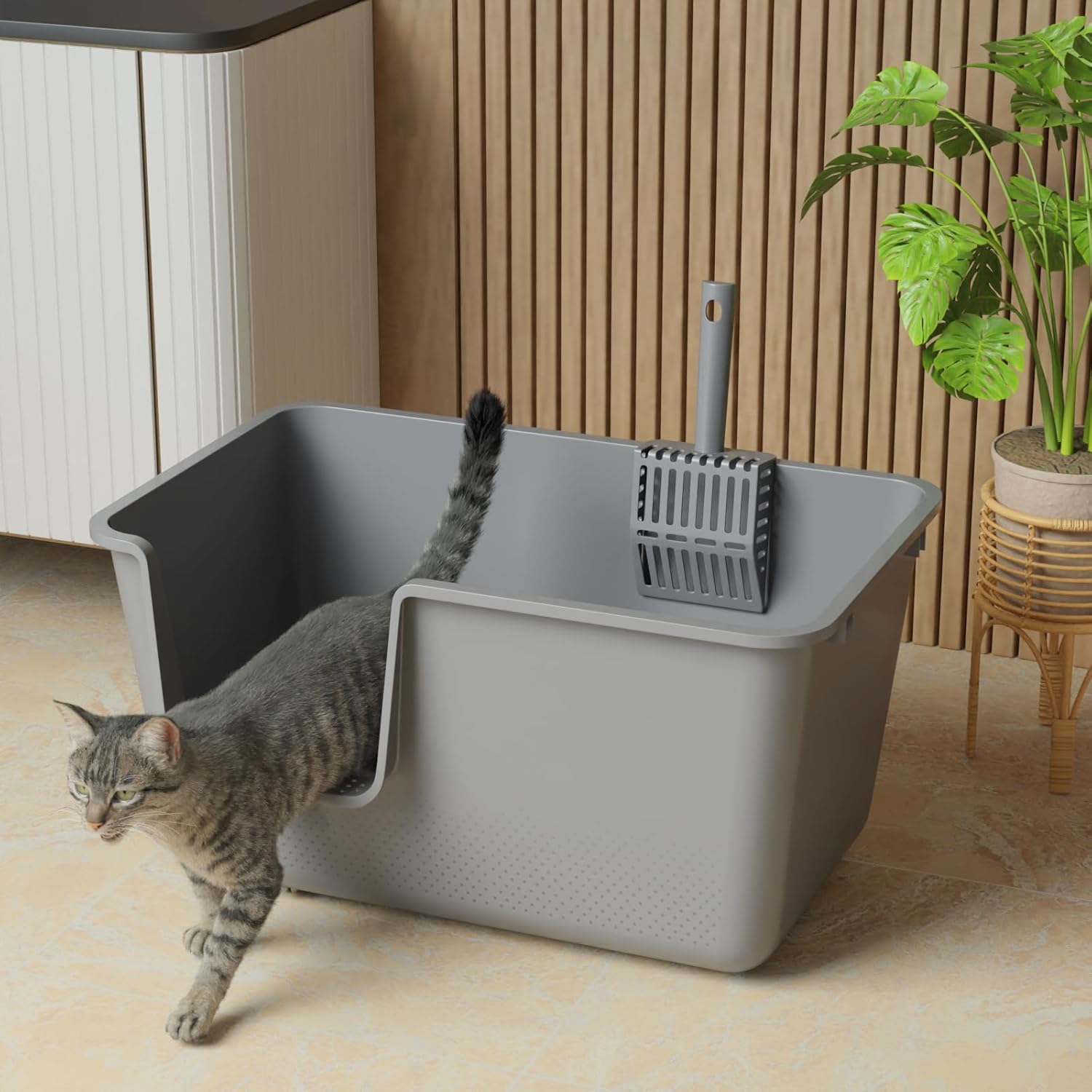 4-Pack Cat Litter Box with High Sides and Scoop, Plastic Open Top Cat Litter Box, Gray