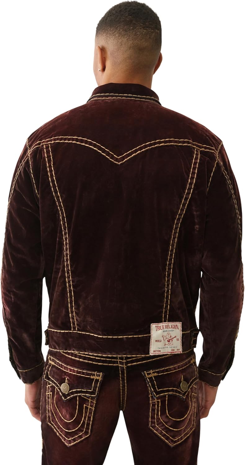 True Religion Men’s Super T Oversized Velvet Jacket - Horseshoe Logo & Bold Stitching