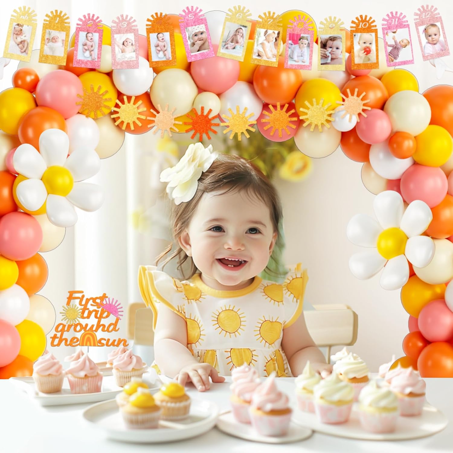 First Trip Around the Sun Decorations, 1st Birthday Decorations Girl, Boho Sun Rainbow One Year Old Birthday Party Supplies Backdrop Balloon Banner Cake Topper Box Cutout Poster Crown