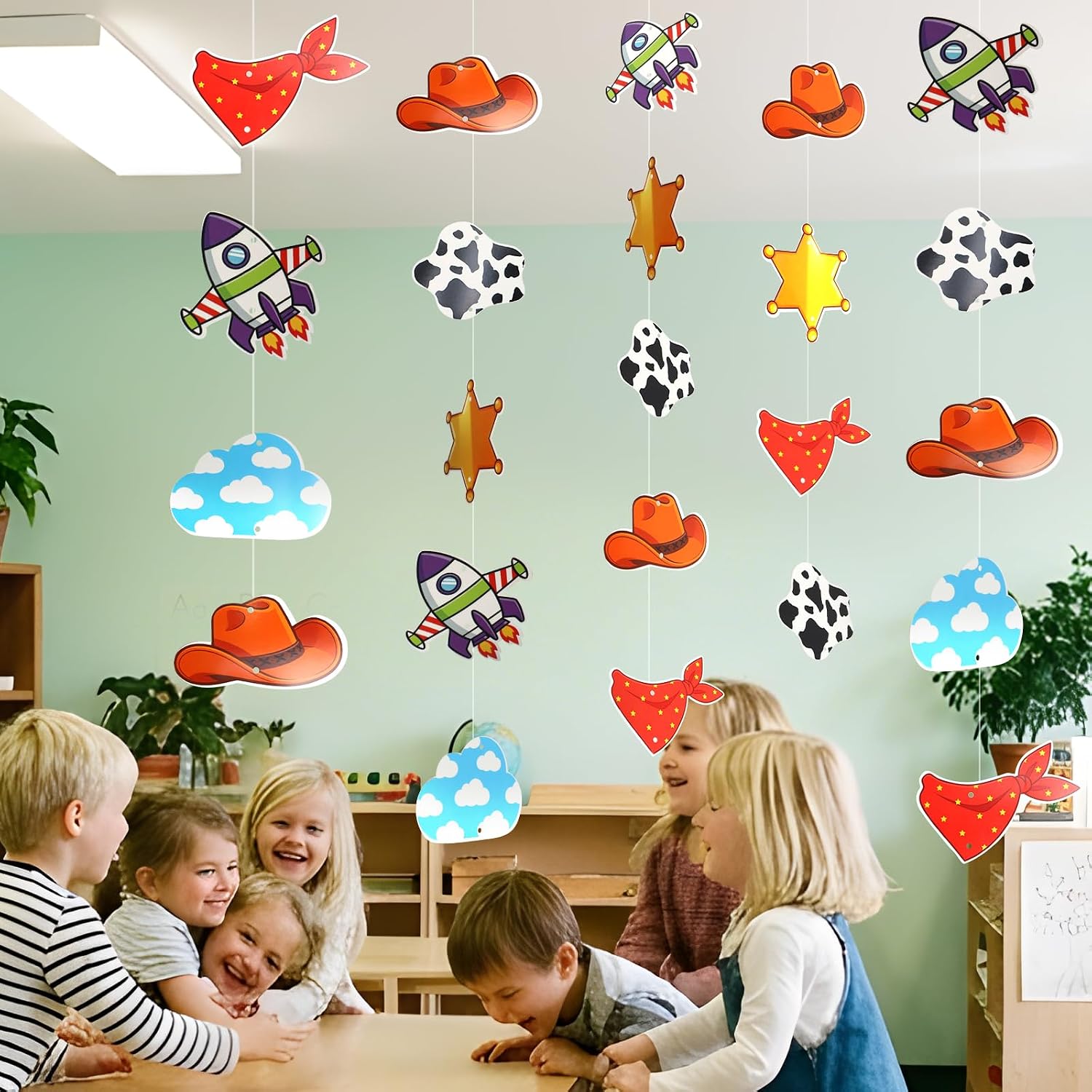 Toy Theme Story Birthday Party Banners, 24pcs 6 Inch Cartoon with Durable Fishing Line, Western Space Themed Party Decorations for Toy Birthday Decorations, Bedroom Decor，Double-sided Printing