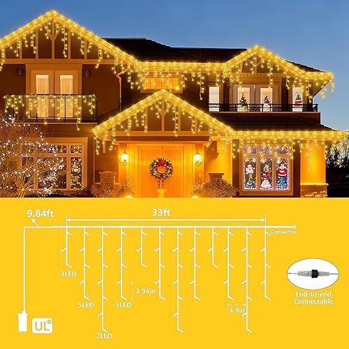 Miniatura 2 de YEGUO Luces de carámbano LED de 33 pies para exteriores, 80 gotas de luz de Navidad conectable, 8 modos de luces de carámbano de Navidad blancas