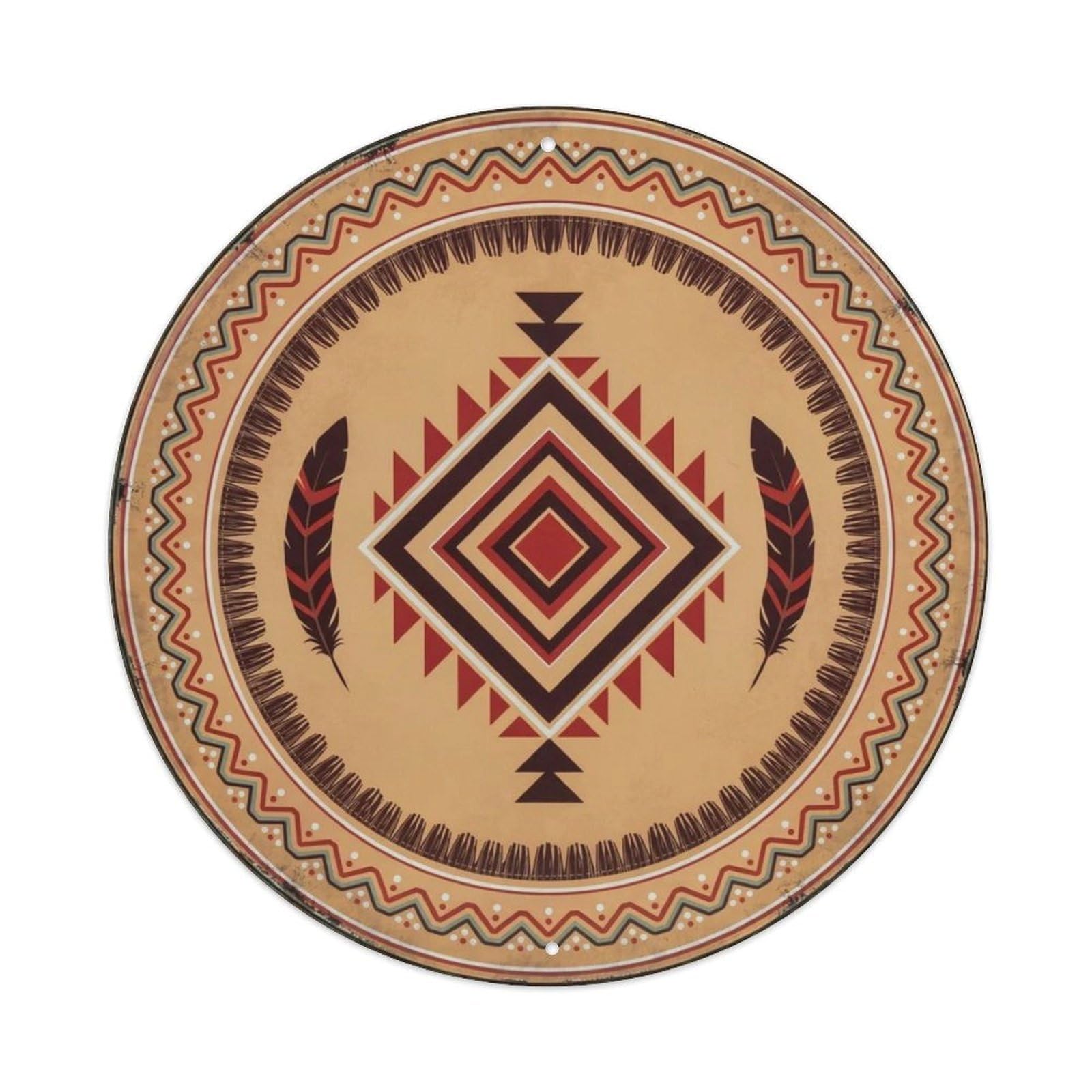 Southwestern Geometric Diamond Feather Round Metal Tin Sign Plaque