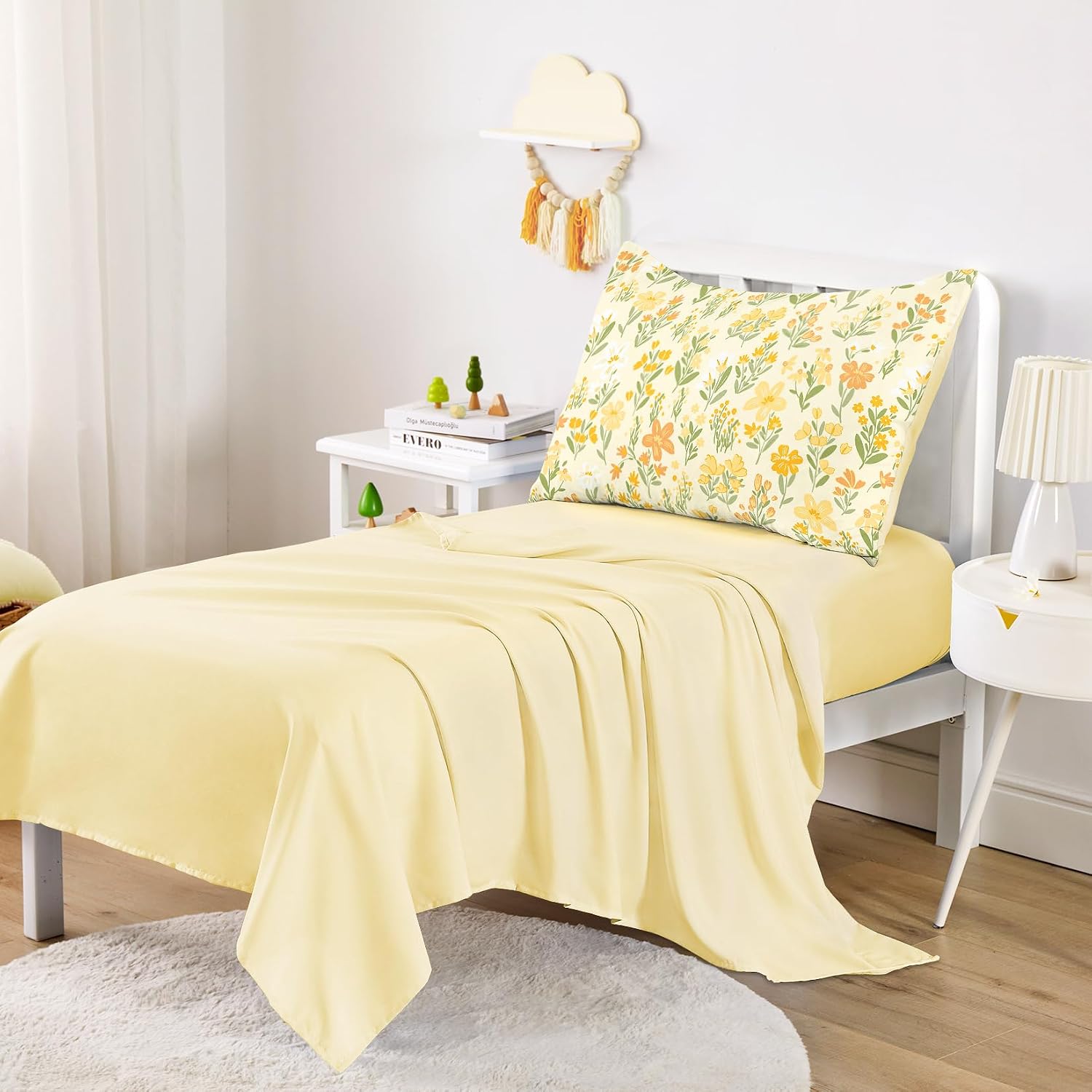 Wake In Cloud - Floral Toddler Bedding Set for Girls, Cute Colorful Botanical Flowers, 4 Pieces Soft Crib Bed Set Including Comforter, Sheets and Pillowcase, Yellow Green
