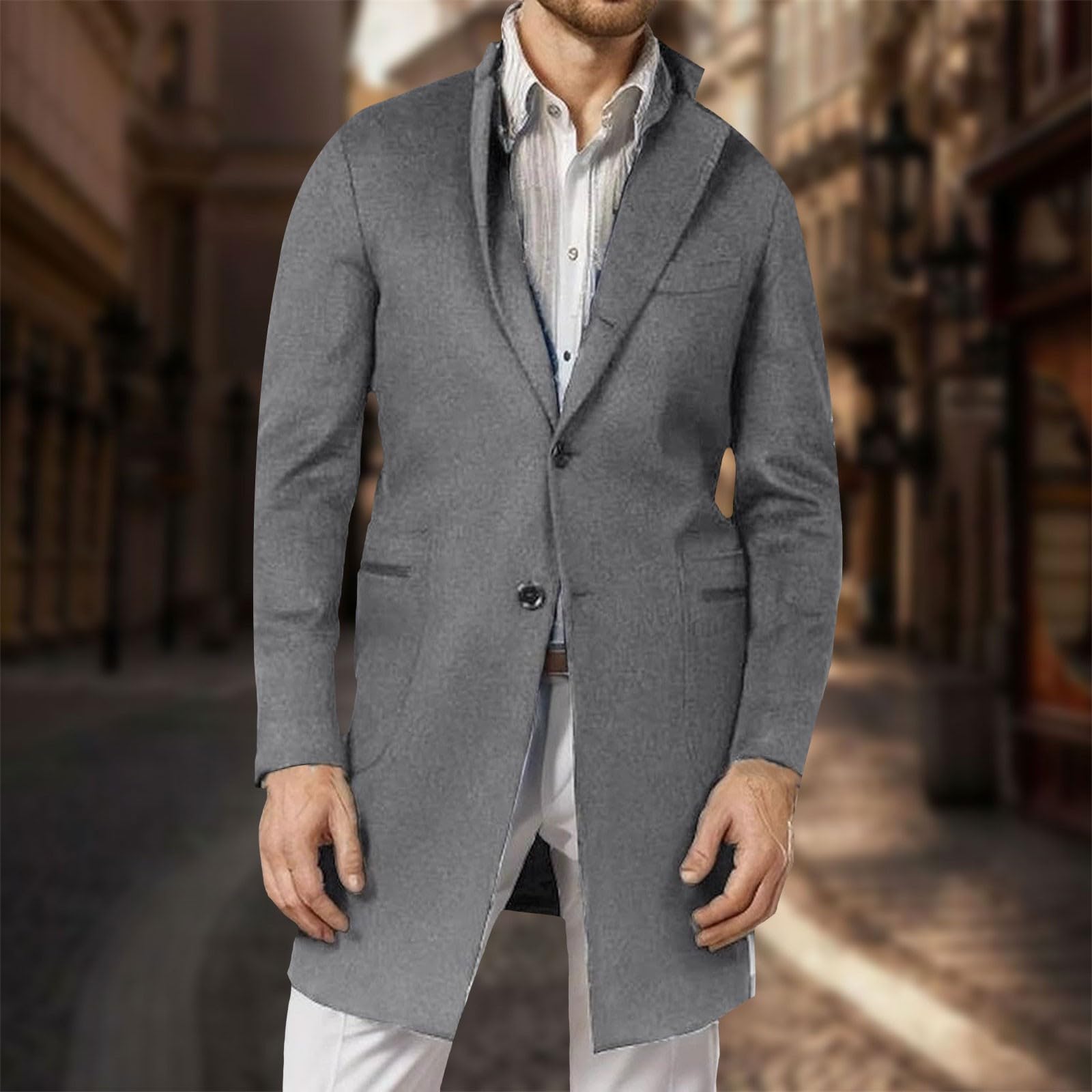 Trench da uomo di media lunghezza, trench da uomo in tinta unita, tinta unita, colletto con risvolto, alla moda, per lavoro, casual, giacca a vento, antivento, minimalista, per l'inverno