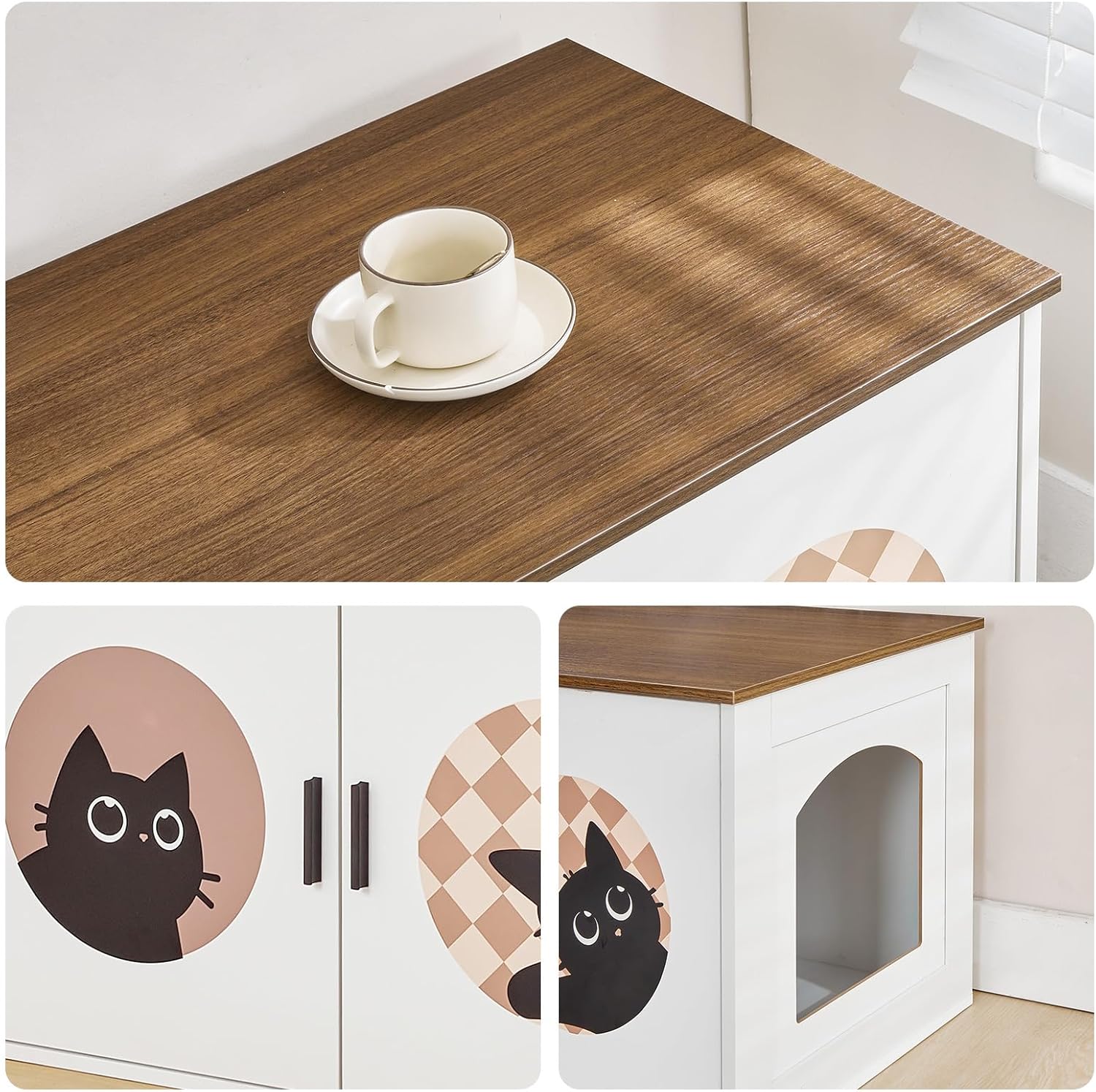 HOOBRO Litter Box Enclosure Bundle, Cute Cat Patterns and Arched Entrance, Hidden Litter Box Enclosure Furniture, 2-in-1 Hidden Cat Furniture with Shelf, WL78MW01-WH08MW01
