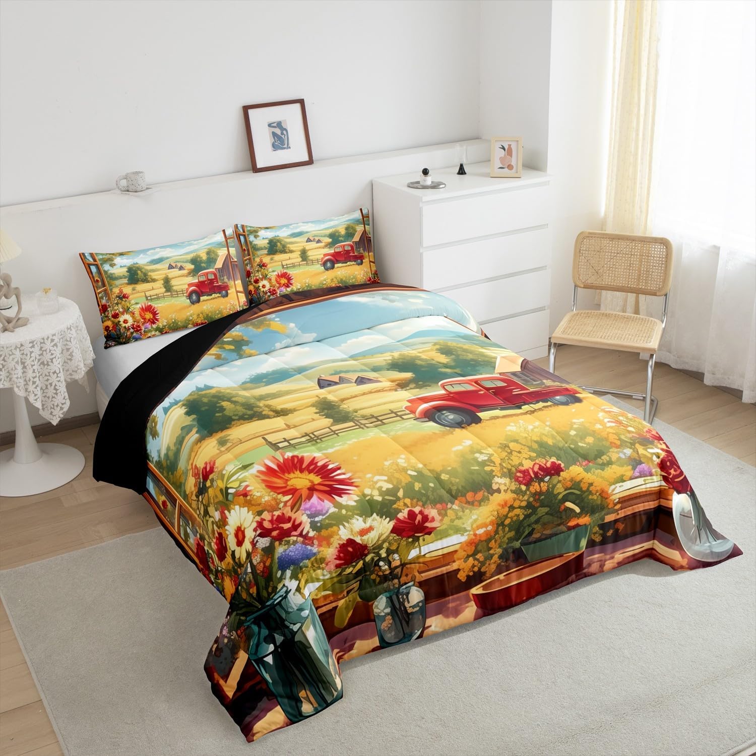 Manfei Red Truck Barn Comforter Set for Kids Rustic Farmhouse Style Bedding Set Blooming Daisy Flowers Bedding Home Decor Orange Green Comforter Full Size 3 Pieces Quilted Duvet Set with 2 Pillowcase