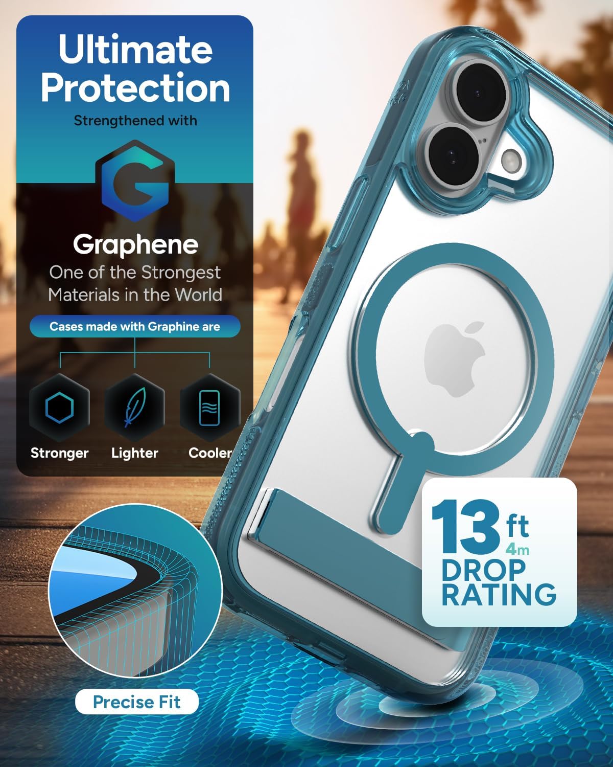 ZAGG Santa Cruz Snap with Kickstand Case for iPhone 16 – MagSafe Compatible, 13ft Military-Grade Drop Protection, Reinforced with Graphene, Slim Clear Case with Vibrant Color Accents, Retro Blue