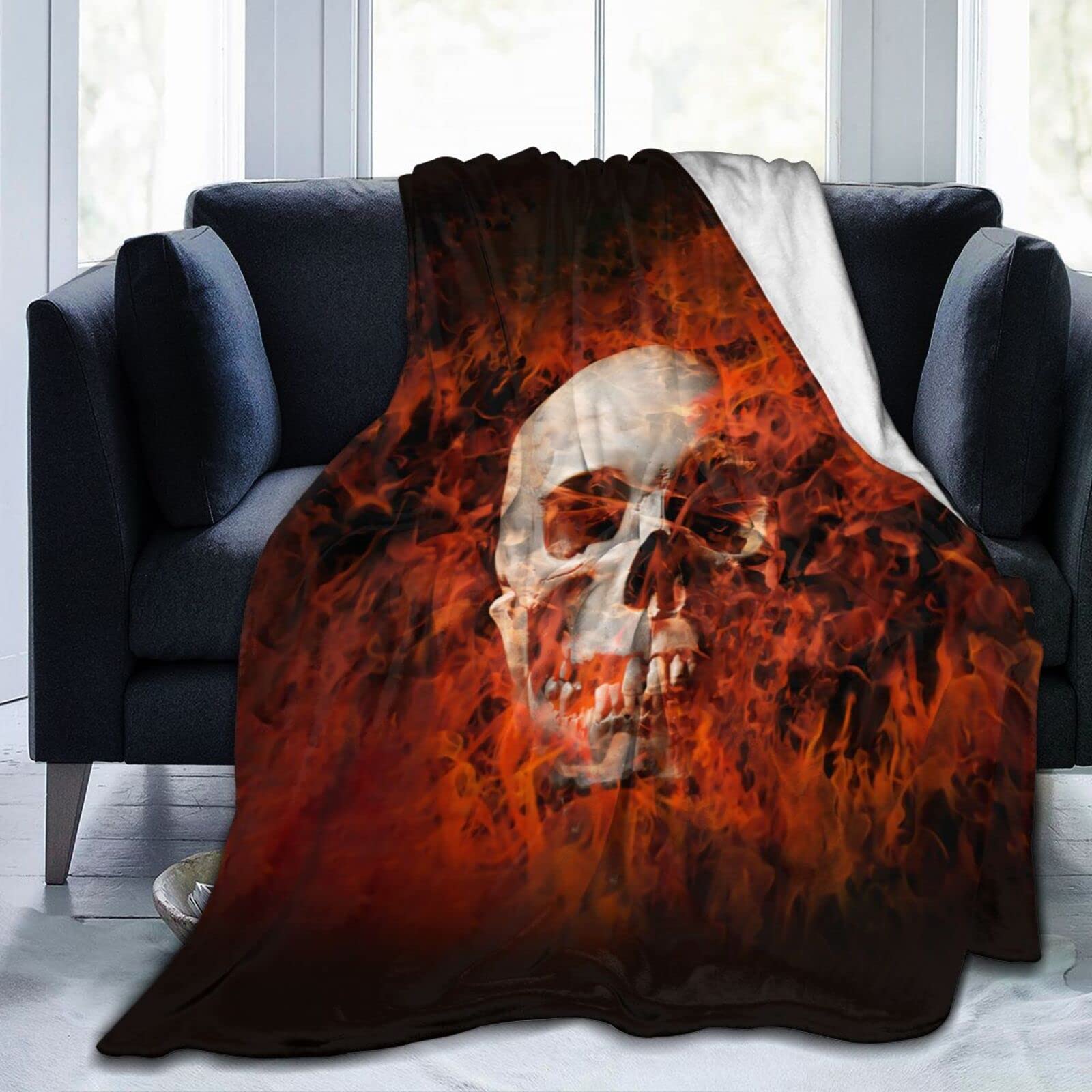 Lsjuee Skull in Hell Throw Blanket Scary Halloween Design Blankets Lightweight Soft Cozy Flannel Blanket for Sofa Couch Bed Office 80"X60"