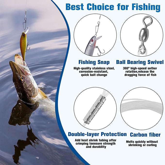 Líderes de pesca de fluorocarbono, 24pz línea de líder invisible con anzuelos y clips para salmón y agua dulce miniatura 2