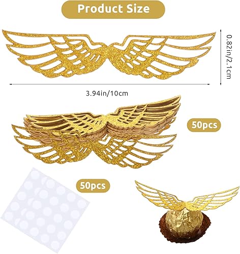 Miniatura 2 de 50 piezas de decoración de chocolate para fiesta de mago, alas doradas de Snitch decoración de chocolate, alas de snitch con 50 puntos de pegamento,