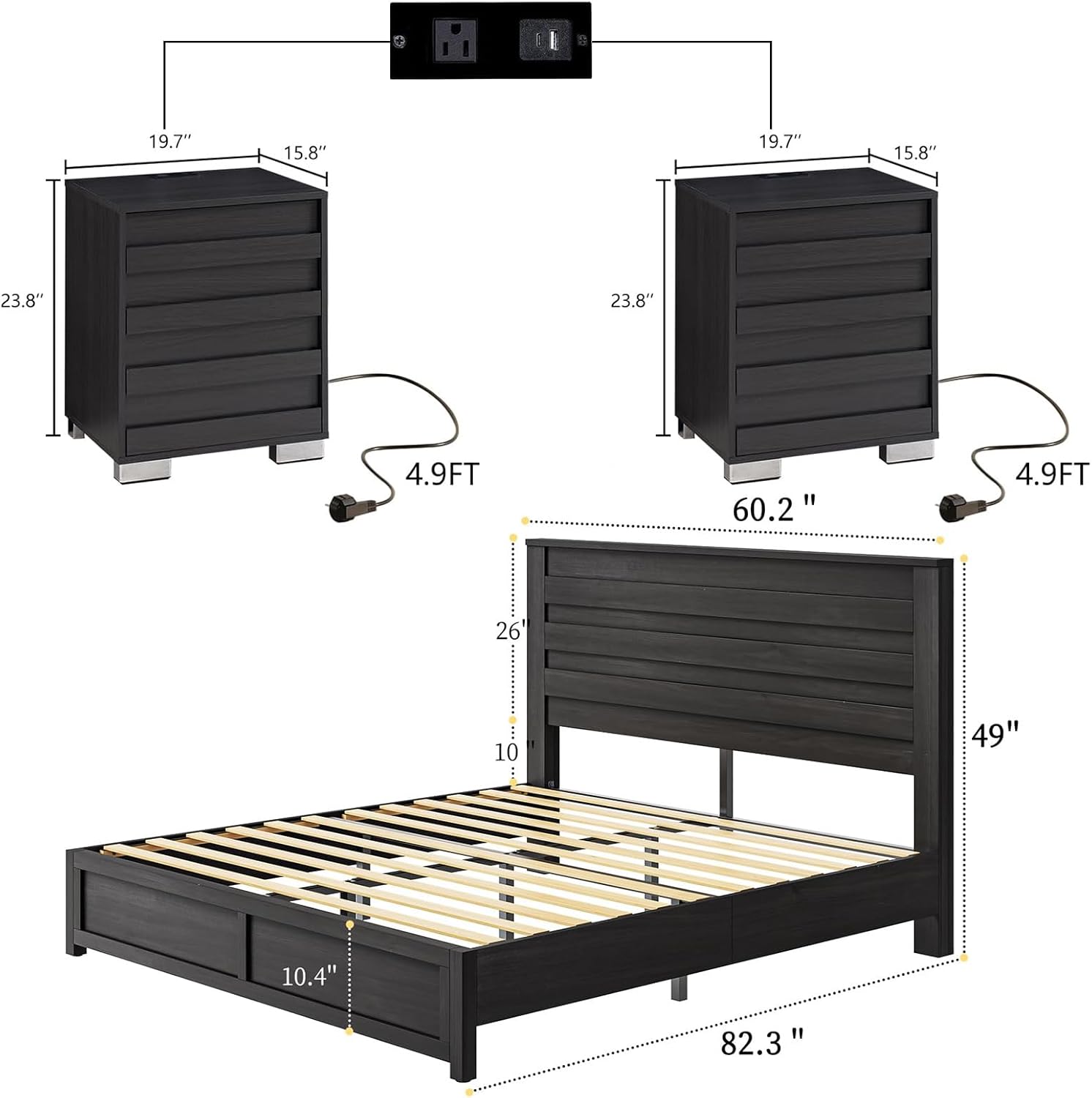 LUXOAK 3 Pcs Bedroom Furniture Sets - Includes Farmhouse Queen Size Bed Frame with 49" Tall Headboard and Nightstand Sets of 2 with Charging Station, Slated Handles & Stainless Steel Feet, Black
