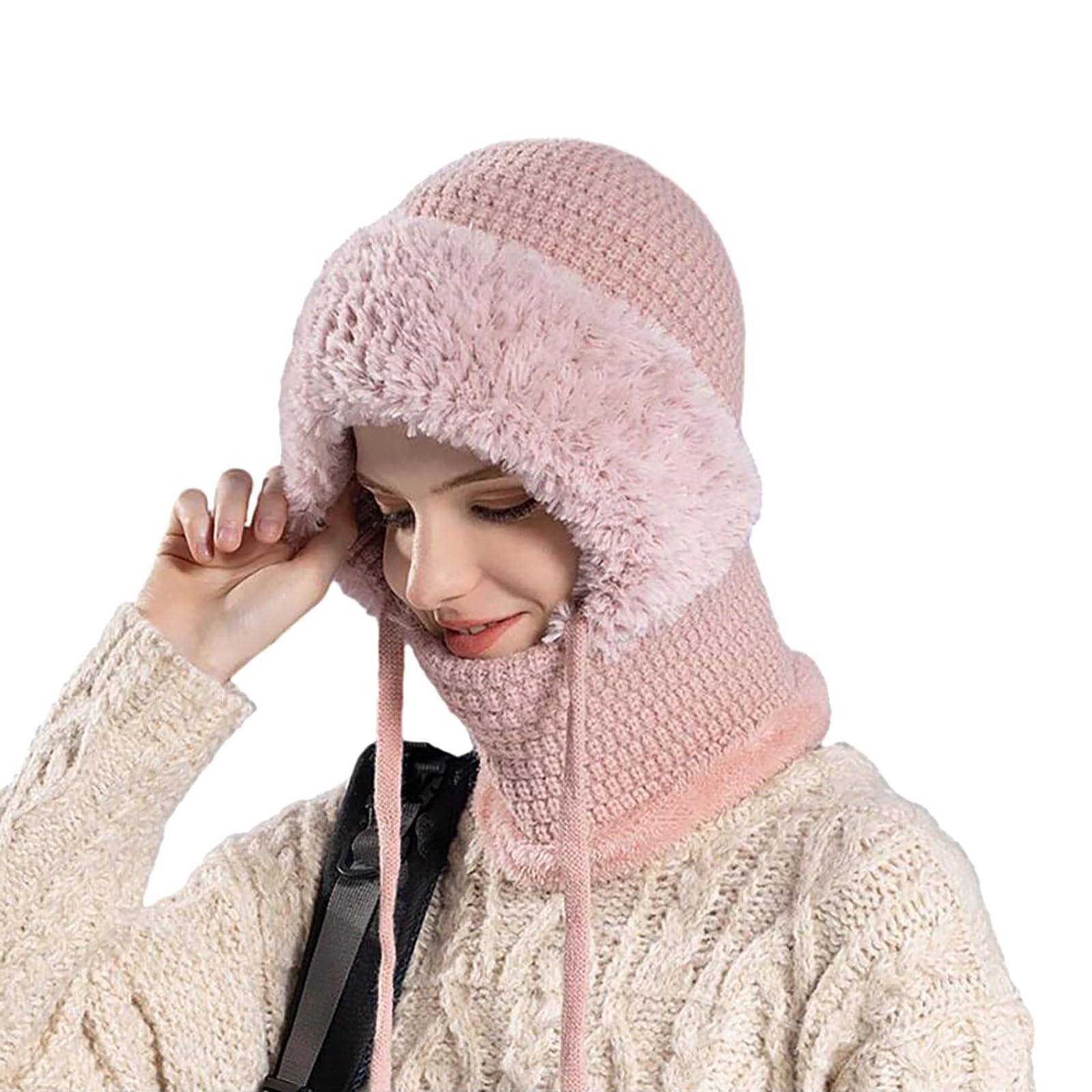 3 in One Knitted Lined Winter Hat with Ear Flaps Neck Face Mask Set Women Ski Snow Pullover Beanie Hat Pullover Beanie Hat