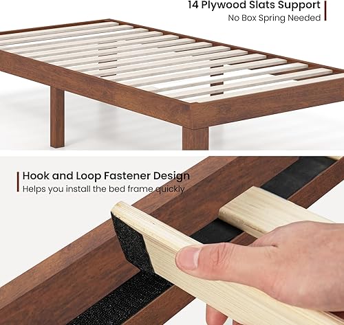 Miniatura 77 de KOMFOTT Base de cama de plataforma de madera de 14 pulgadas, tamaño individual, base de colchón de madera con marco de madera de goma, fuerte Marrón