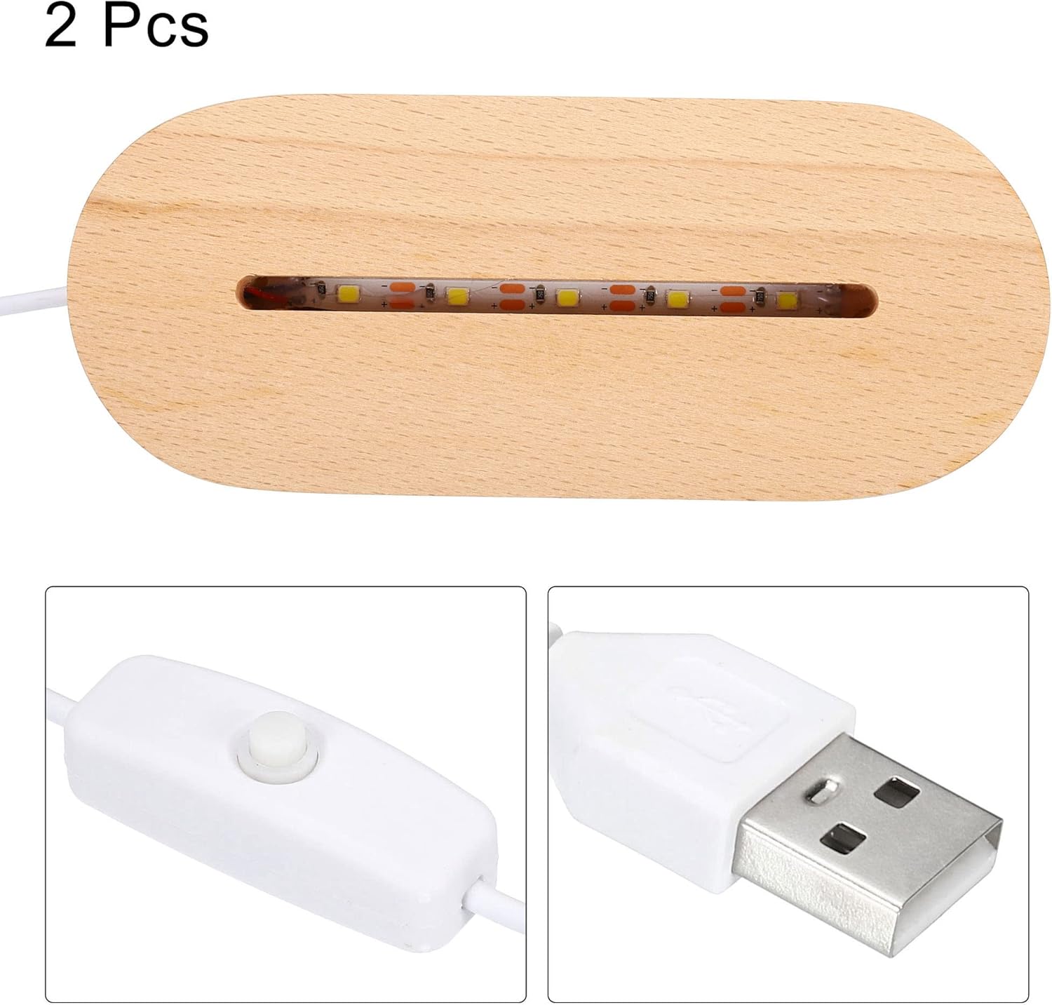 PATIKIL Wooden LED Light Base Stand, 2 Packs Oval Wooden 3.74" x 0.2" Warm White Lights Display Pedestals for Acrylic Nightlight Crystal Art, Wood Color