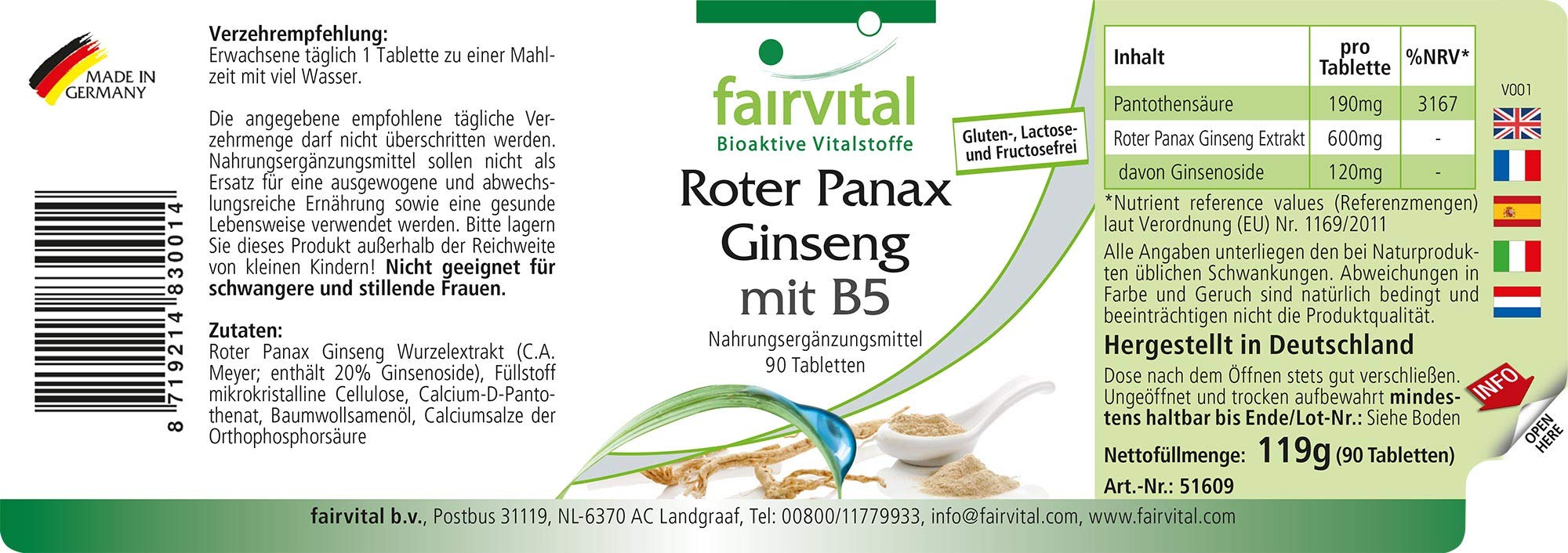 fairvital Extracto de ginseng rojo Panax + vitamina B5-90 comprimidos, con 600mg de extracto de ginseng coreano, ALTA DOSIS, VEGANO