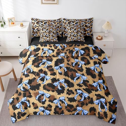 Erosebridal Leopard Bows Comforter Set King 7 Piece | Coquette Decor Bed in A Ba