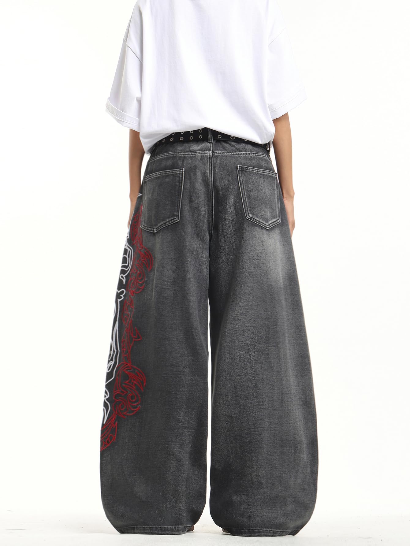 Jeans da uomo con ricamo, hip hop, skater, gamba larga, pantaloni in denim Y2K Streetwear