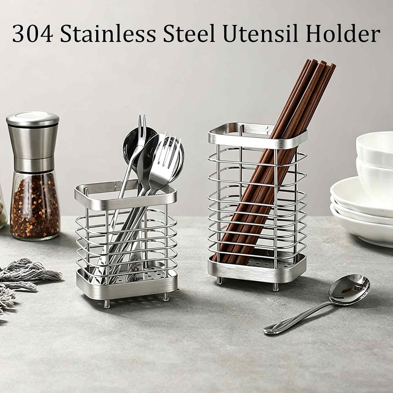 1PC Utensil Holder Stainless Steel Drying Rack for Kitchen Counter Silverware Cutlery Flatware Organizer Forks Spoons Chopsticks Drainer (Silver, Small)