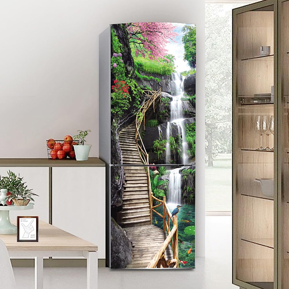 Myxjx Landscape Fridge Wrap, Full Covering Door Fridge Covers Skins Wall Stickers For Kitchen Decal, Waterfall Climbing Step