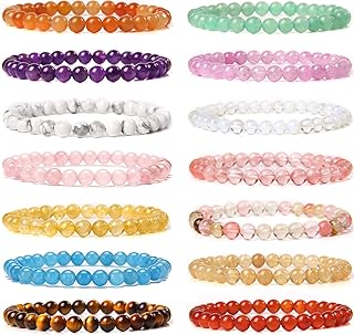 SONNYX 14Pcs 6mm Semi Precious Gemstone Beaded Bracelets for Women Men Tiny Crushed Stone Crystal Bracelet Stretch Bead Br...