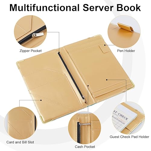 Miniatura 3 de Libro de camarera, libros de mesera para camarera con bolsillo con cremallera, libro negro para camarera, bloc de notas con bolsillo para dinero y