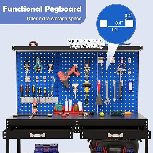 Miniatura 2 de Goplus Banco de trabajo de 48 x 24 pulgadas, mesa de trabajo resistente con 3 tableros de clavijas, 2 cajones y 4 estantes, 24 accesorios para