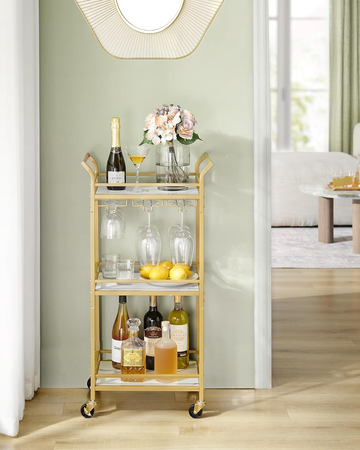 VASAGLE Bar Cart, Home Bar Serving Cart with 3 Tiers, Kitchen Shelf with Wine Rack, Glass Holders, for Small Spaces, Dining Room, Living Room, Pale Gold ULRC101A01