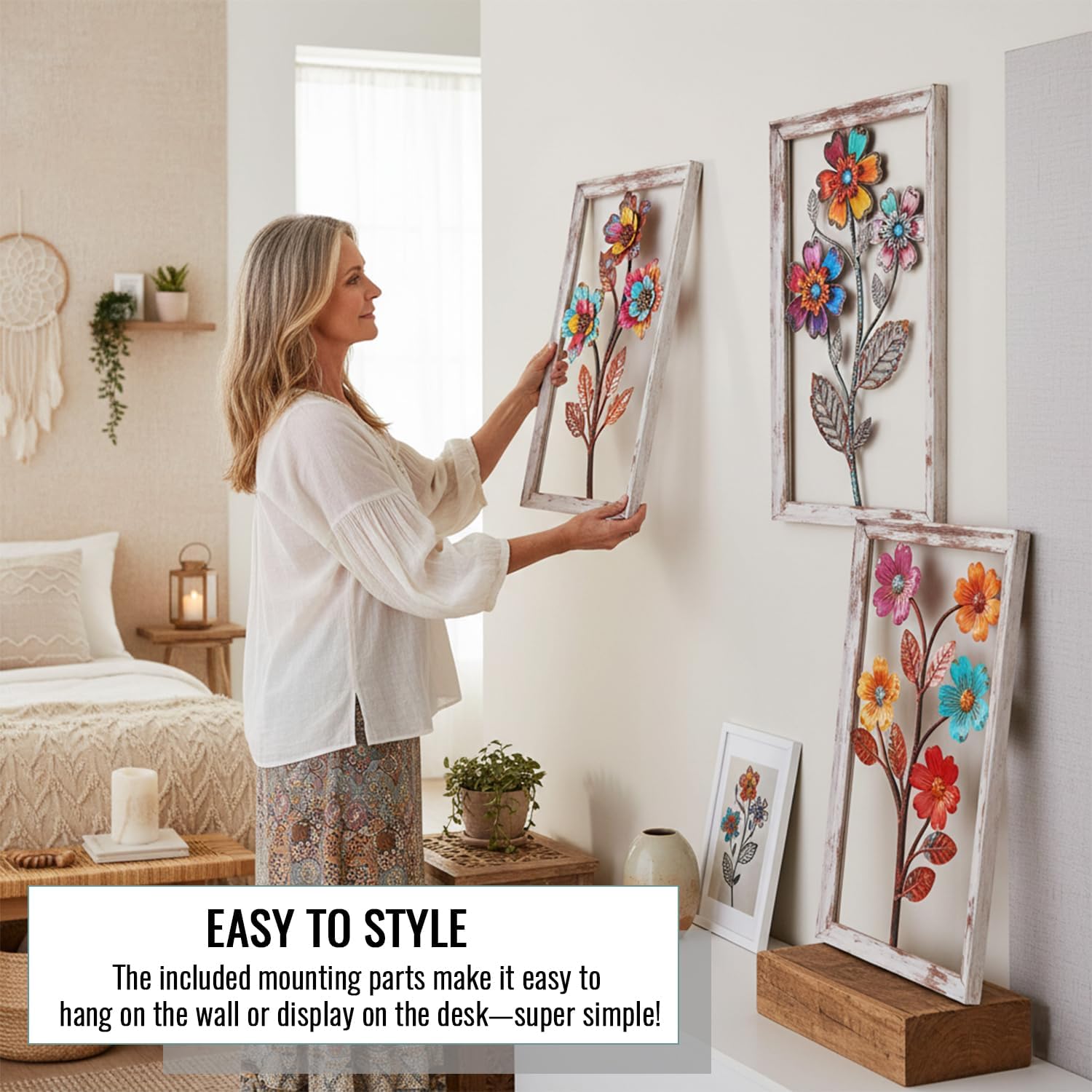 3 Pieces Metal Flowers Wall Art, 3D Boho Flower Wall Decor, Rustic Flower Wall Decor Boho Floral Bathroom Decor Metal Wall Art for Living room,Bedroom,Bathroom and Dining Room, Housewarming Gift