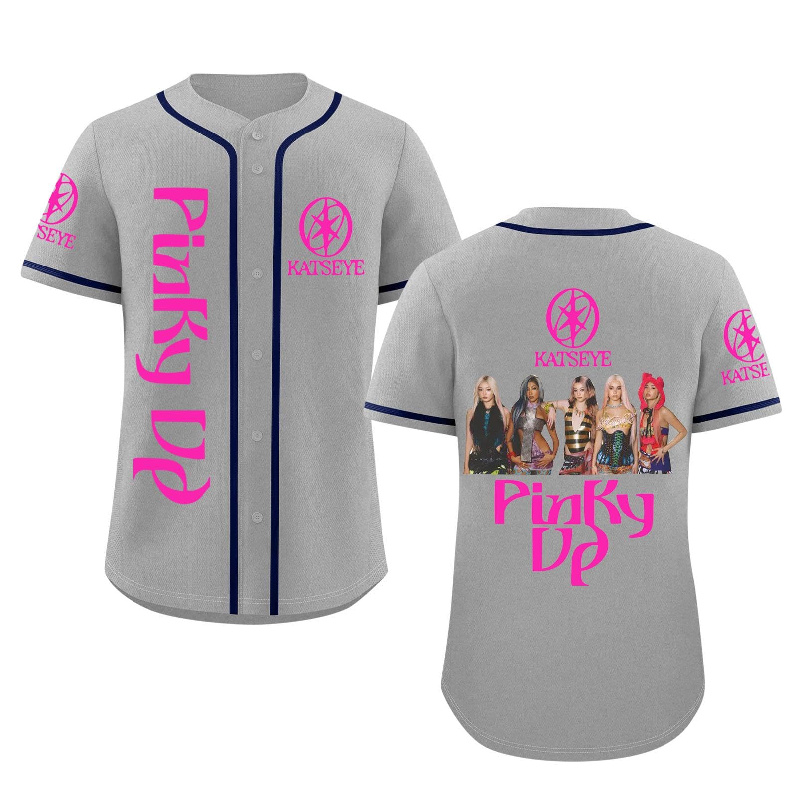 Katseye Tshirt Beautiful Chaos Album Pinky up Baseball Jersey Short Sleeve Button Down Casual Hip Hop Katseye Merch Baseball Jersey for Fans Men Women 02-Gray XXL