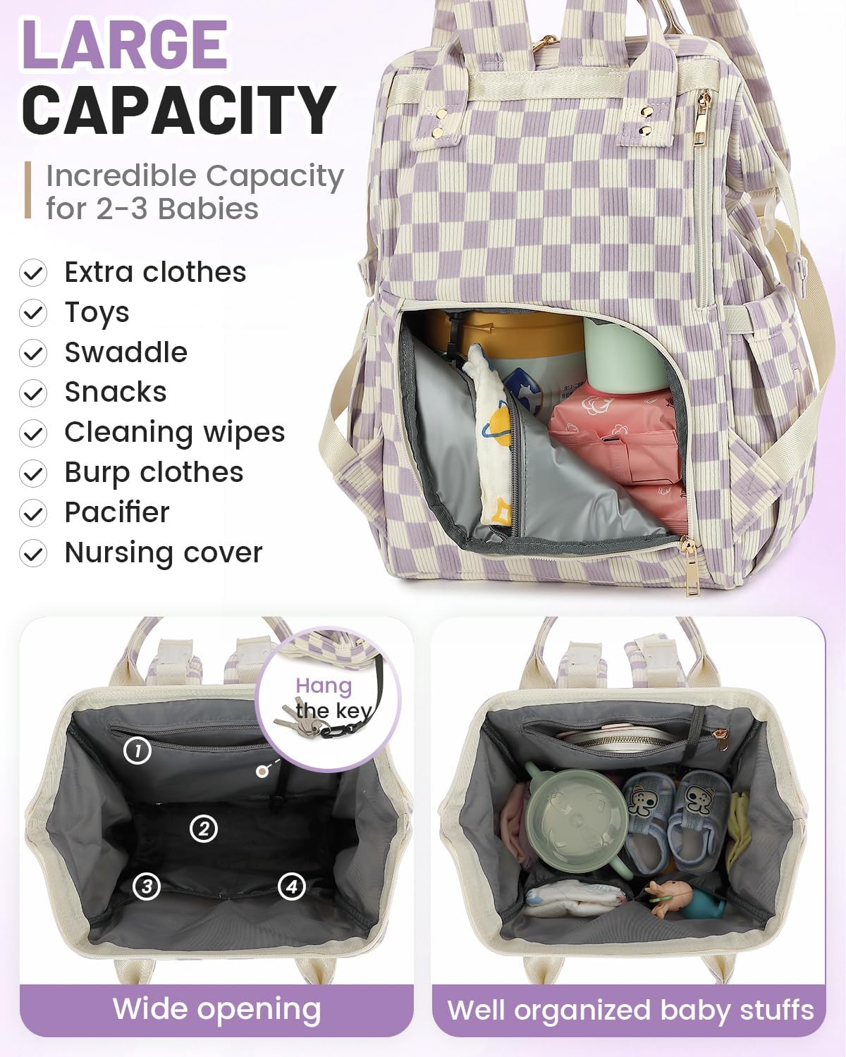 Corduroy Diaper Bag Backpack, Large Capacity Multifunction Baby Diaper Bags for Women, Insulated Bottle Pockets & Pacifier Case, Stylish Travel Nappy Changing Bags for Mom Dad (Checkered Purple)