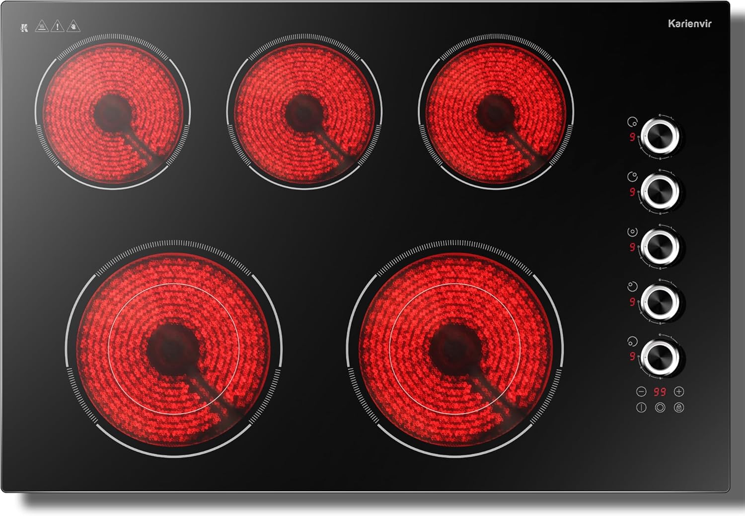 30 Inch Electric Cooktop 5 Burner Karienvir, 8600W Built-in Electric Stove Top, Cooktop 30" with Double-ring Burner, Knob & Touch Control, 9 Power Levels, Timer, Safety Lock, 220V-240V Hard Wire