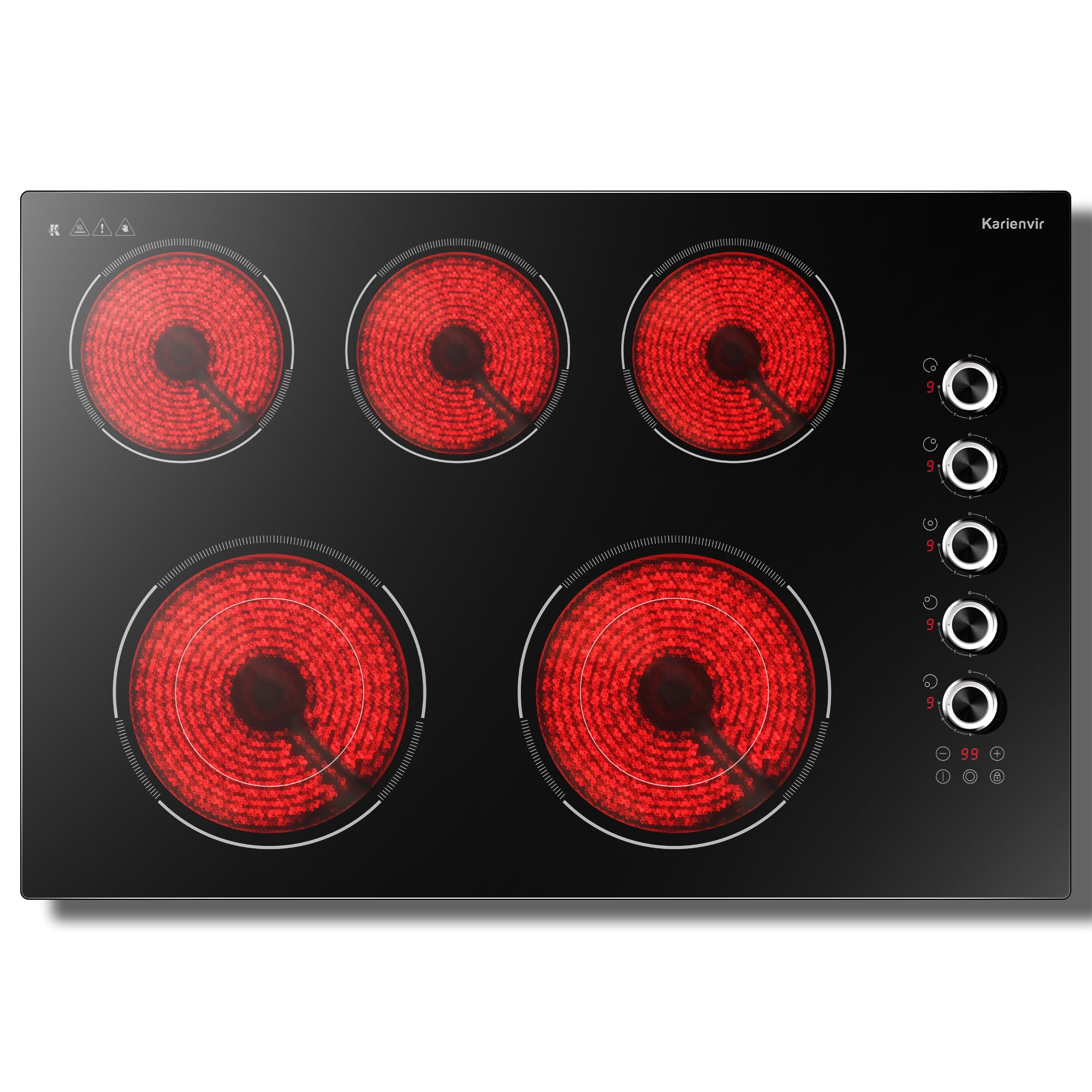 30 Inch Electric Cooktop 5 Burner, 8600W Dual Ring, Knob &amp; Touch