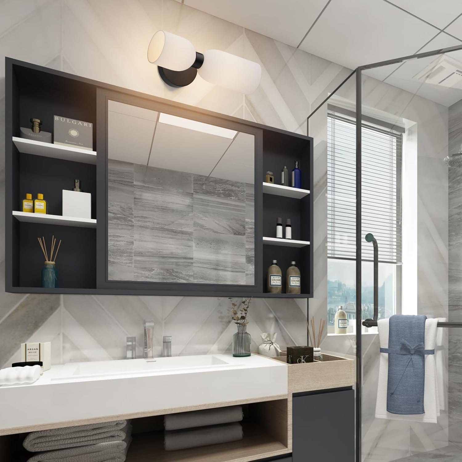 Tipace Black Wall Sconces Set of Two,Modern Bathroom Sconce with Milky White Glass,Hardwired Wall Light Fixtures for Bathroom Living Room Bedroom Hallway,E12 Base(Bulbs Not Included)