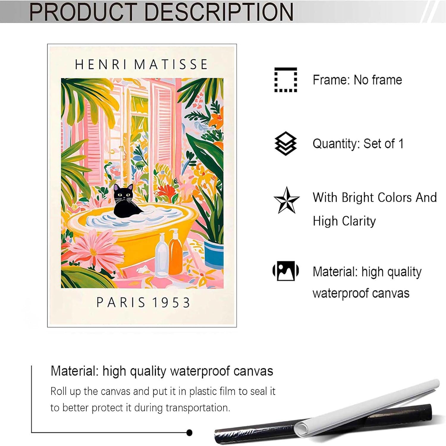 Cute Cat In Bathtub Poster Funny Bathroom Canvas Wall Art Tropical Plants Animal Aesthetic Prints Painting For Home Bathroom Toilet Restroom Wall Decor 12x16in Unframed image 2