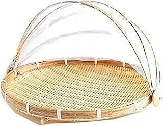 素朴風竹ざるセット 青竹もり皿付き 可動式フタ & ネット付き 防塵防虫 水切り・乾燥・収納兼用 円形籐ざる (L)