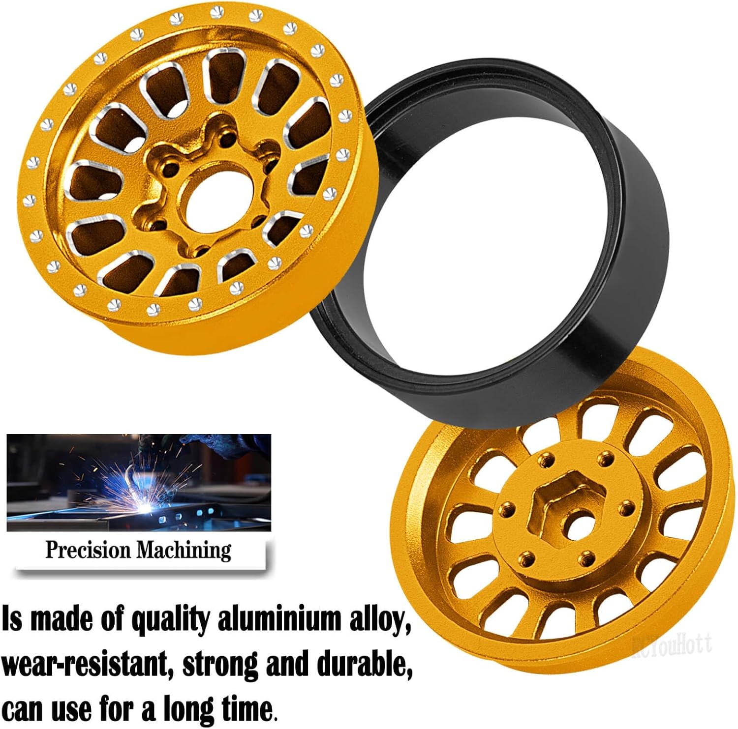 1.3" Beadlock Wheel Rims for TRX4M 1/18 SCX24 1/24 RC Crawler Car,(4PCS) Aluminum RC Truck Tires Wheels Rims,Yellow
