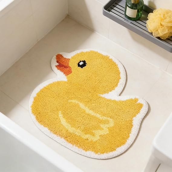 FYSUIMU Yellow Duck Bath Rug Cute Rubber Duck Shaped Tuft Bath Mat Non Slip Washable Decorative Floor Mat for Birthday Baby Shower Home Bathroom Decor