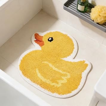 FYSUIMU Yellow Duck Bath Rug Cute Rubber Duck Shaped Tuft Bath Mat Non Slip Washable Decorative Floor Mat for Birthday Baby Shower Home Bathroom Decor