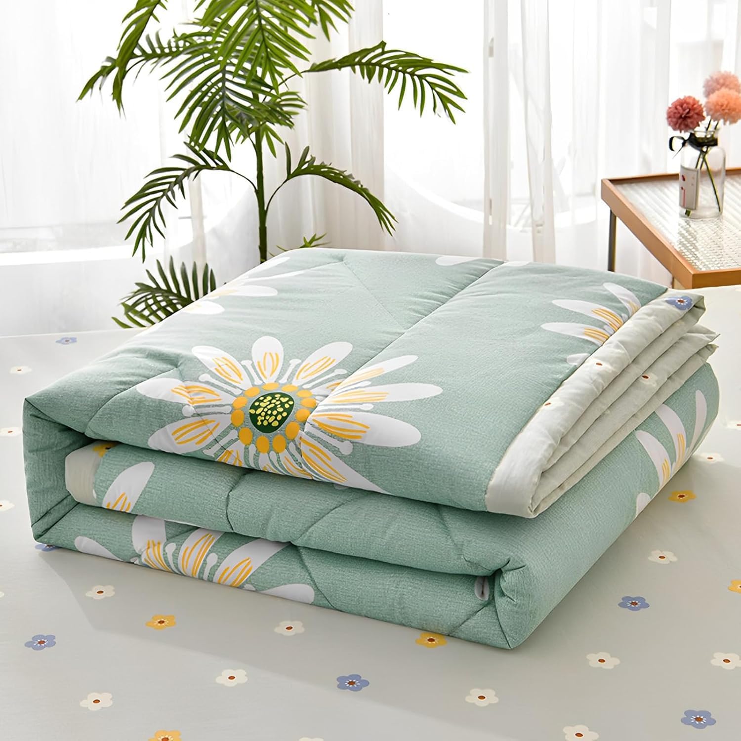 Hiseng Solid Color Quilt Double Single King Size Bed Comforter, Cosy Lightweight Coverless Duvet Quilt for All Seasons, Machine Washable (Green,150x200cm)