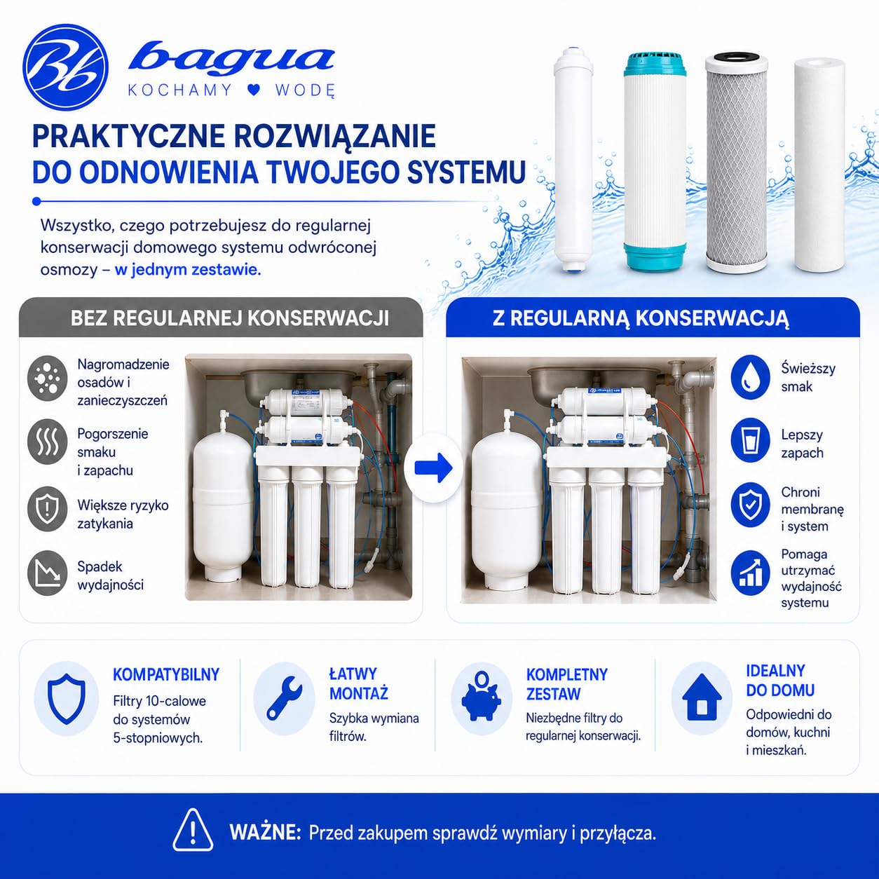 Zestaw 4 filtrów do wody do standardowego sprzętu do odwróconej osmozy. 1 osad, 1 węgiel GAC, 1 węgiel blokowy i 1 filtr końcowy z orzecha kokosowego. Wymieniaj raz w roku. Bbagua.