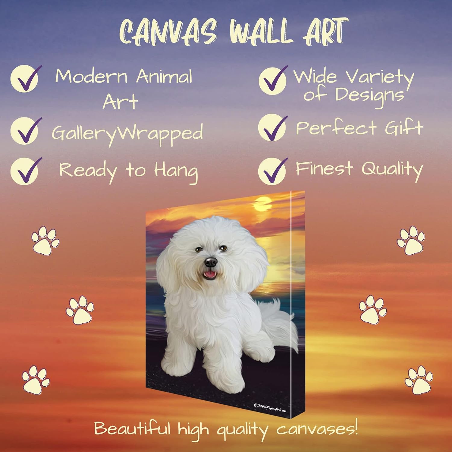 Doggie of the Day Sunset with Bichon Frise Dogs Canvas Wall Art - Premium Quality Ready to Hang Room Decor - 1.5" Thick Canvas Wrap 16" x 24"