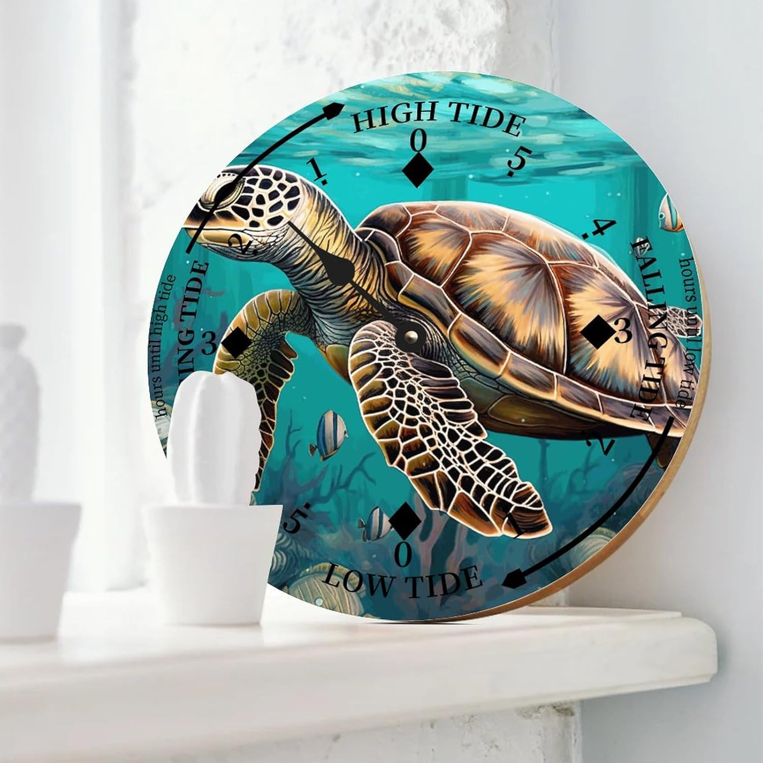 Cheyan Sea Turtle Farmhouse Wood Tidal Clock Nautical Moon East Coast Ocean Time High and Low Tide Wooden Clock Decoration for Beach House Home Sailing Gifts for Fisherman 15x15 in