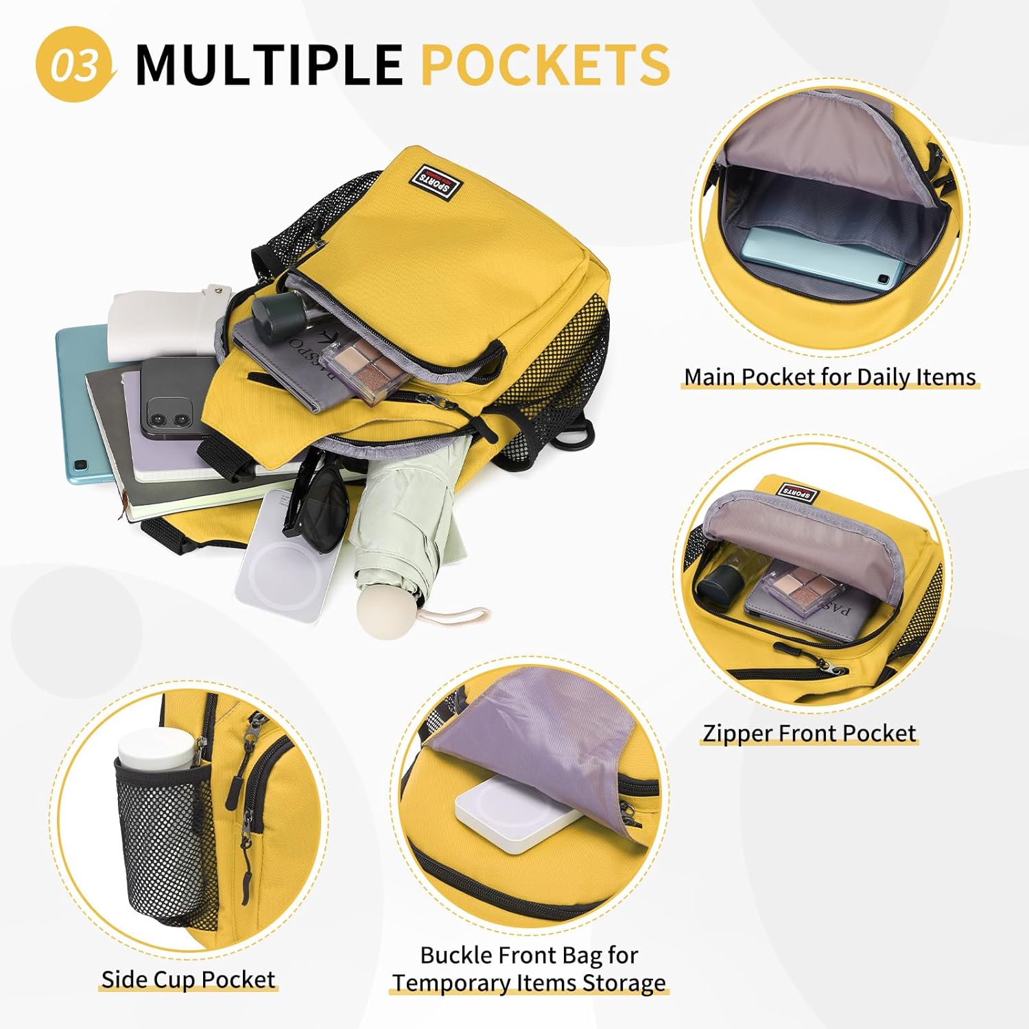 Convertible Sling Bag Crossbody Backpack, 11" Tablet Bags with Headphone Jack Shoulder Bag Casual Pack for Women Hiking Travel (Yellow) - Image 4