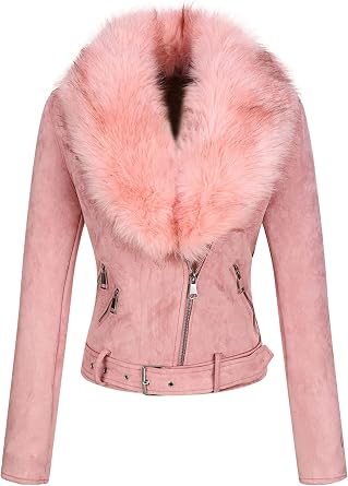Bellivera Womens Faux Leather Trench Coat Fleece Lined Mid Length Jacket with Detachable Fur Collar