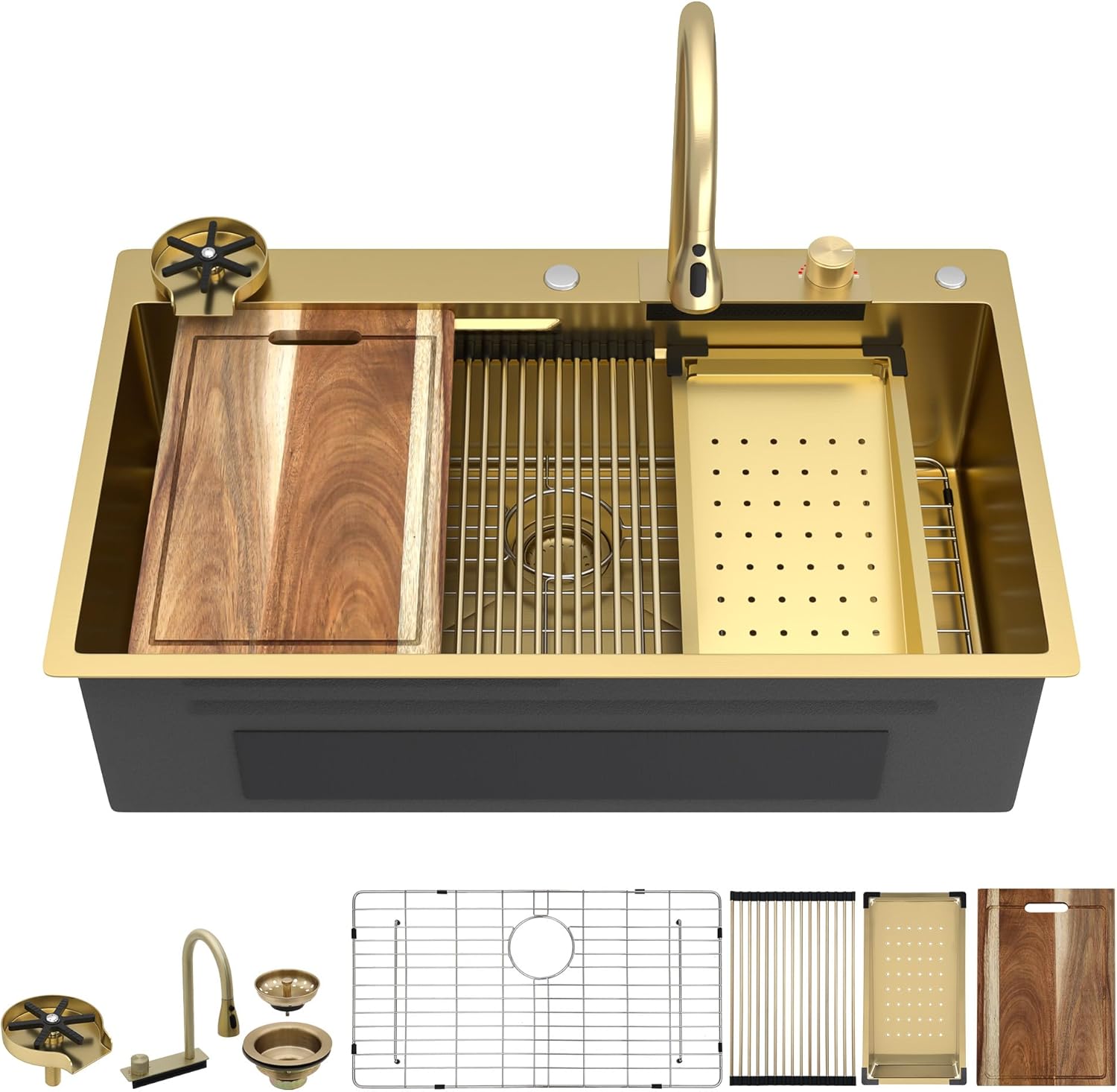 36"x22" Drop In Waterfall Kitchen Sink Workstation - Brushed Gold NANO-PVD, 16 Gauge 304 Stainless Steel, Single Bowl Luxury Smart Waterfall Sink with Faucet Combo & Glass Rinser