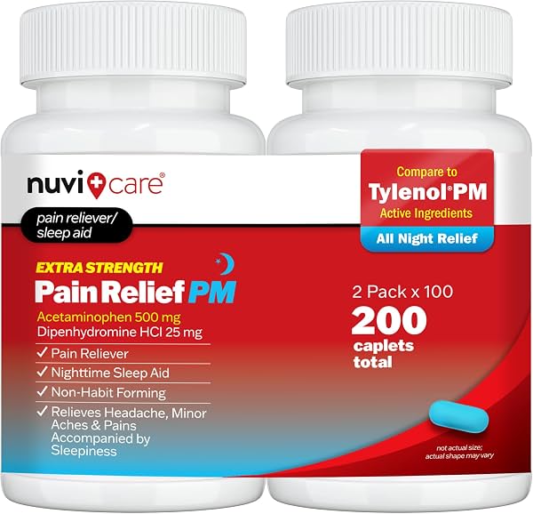 NUVICARE Alivio del Dolor PM, Acetaminofén 500mg y Difenhidramina 25mg, Paquete de 2 | Comparar con Tylenol PM; alivia dolores nocturnos, molestias y dolor de cabeza mientras ayuda a conciliar el sueño, fuerza extra, ayuda para dormir