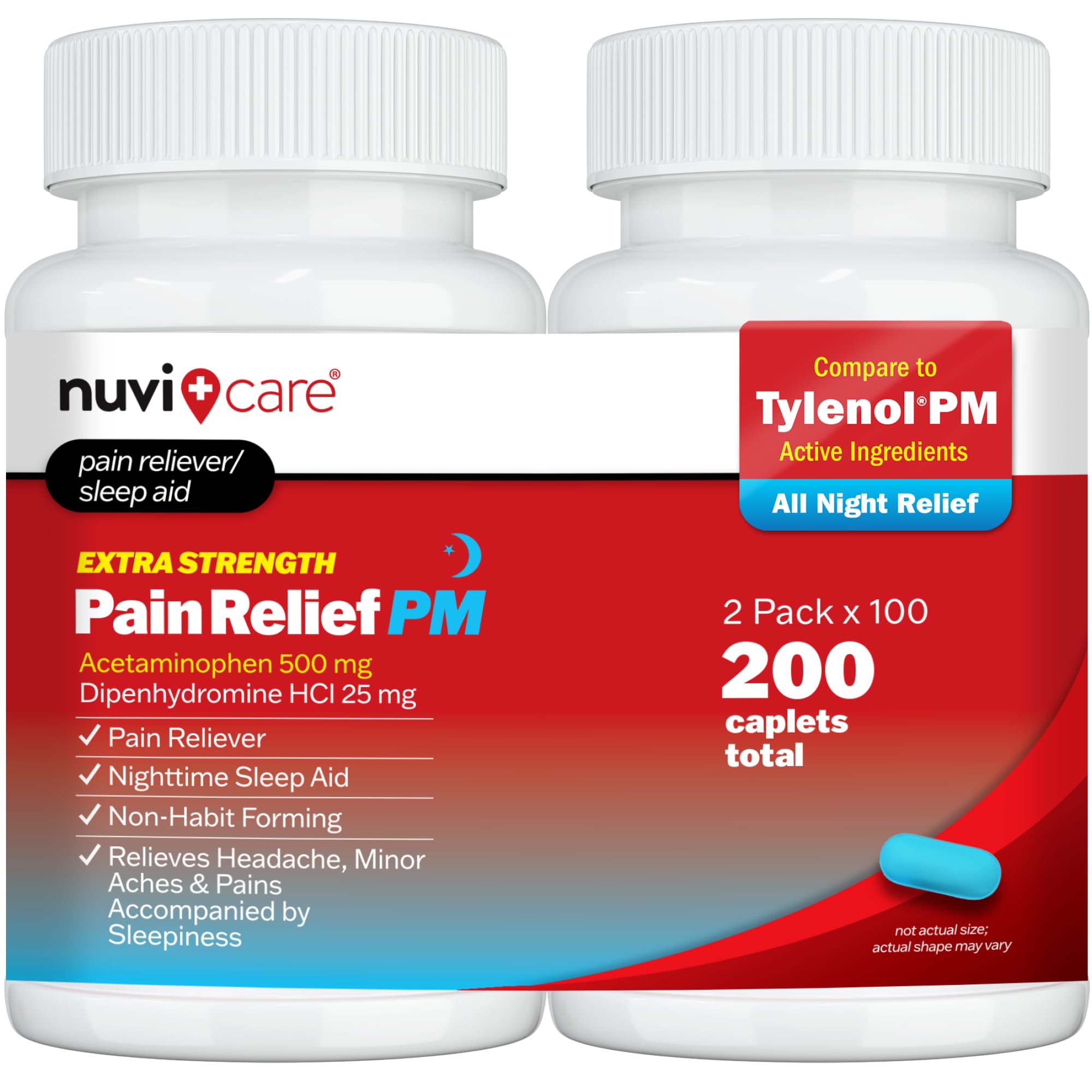 Extra Strength Pain Relief PM - Acetaminophen 500mg & Diphenhydramine 25mg - Compare to Tylenl PM Extra Strength Sleep Aid - Adult PM Pain Reliever for Nighttime Aches & Pains 2 Pack