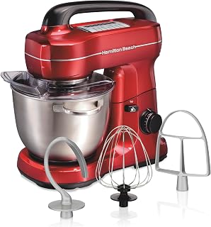 Hamilton Beach 4-Quart Stand Mixer: 7 Speeds, 300W Motor, Dough Hook, Whisk, Splash Guard, Easy Carry Handle - Red