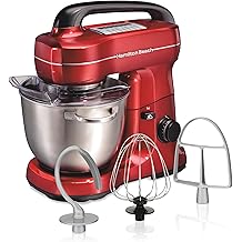 Hamilton Beach Electric Stand Mixer, 4 Quarts, Dough Hook, Flat Beater Attachments, Splash Guard, 7 Speeds with Whisk, Easy-Carry Top Handle, Red