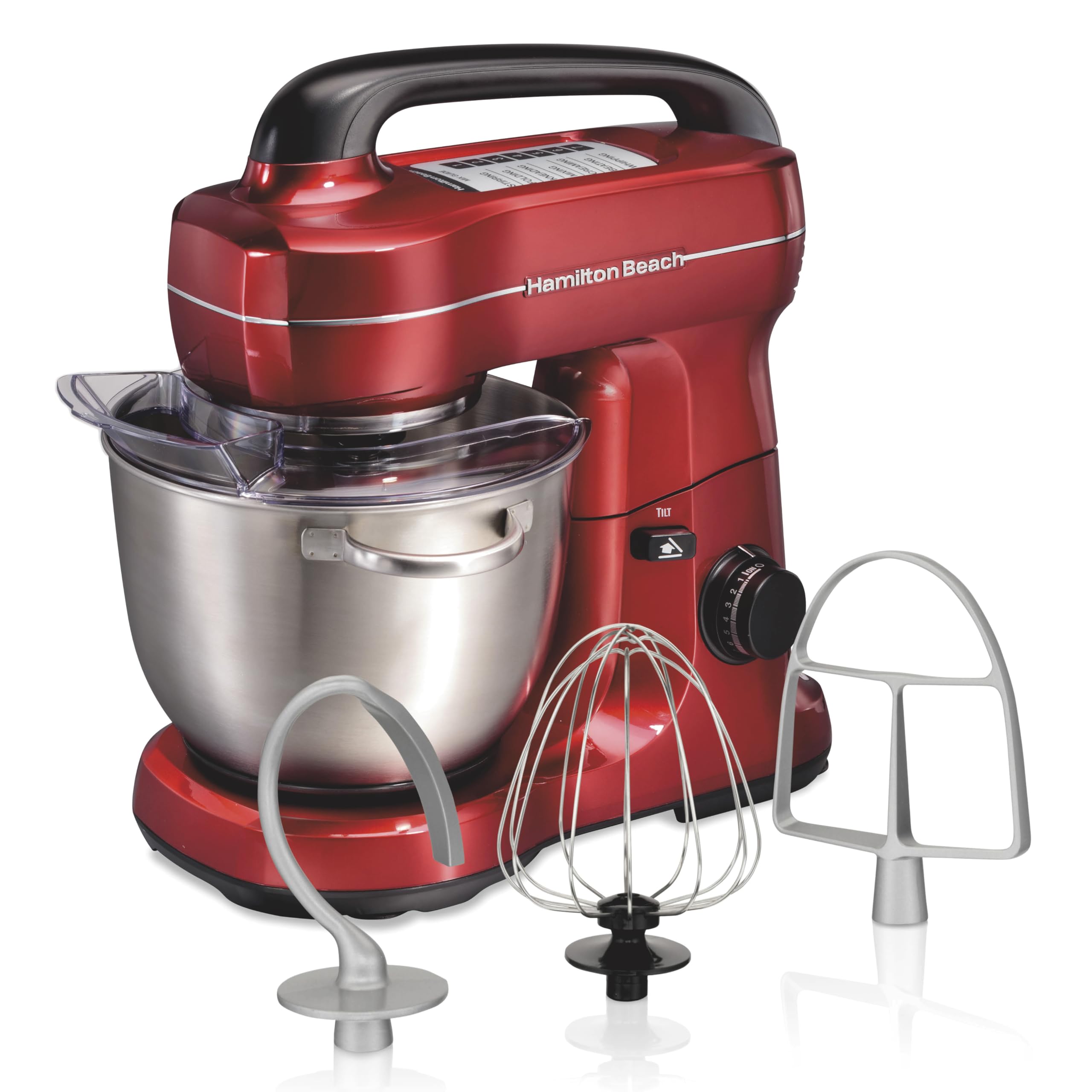 Electric Stand Mixer, 4 Quarts, Dough Hook, Flat Beater Attachments, Splash Guard, 7 Speeds with Whisk, Easy-Carry Top Handle, Red